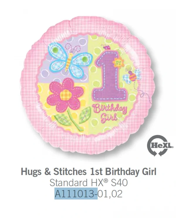 AA120 擁抱一歲女孩鋁膜氣球 Hugs Stitches 1st Birthday Girl Balloon