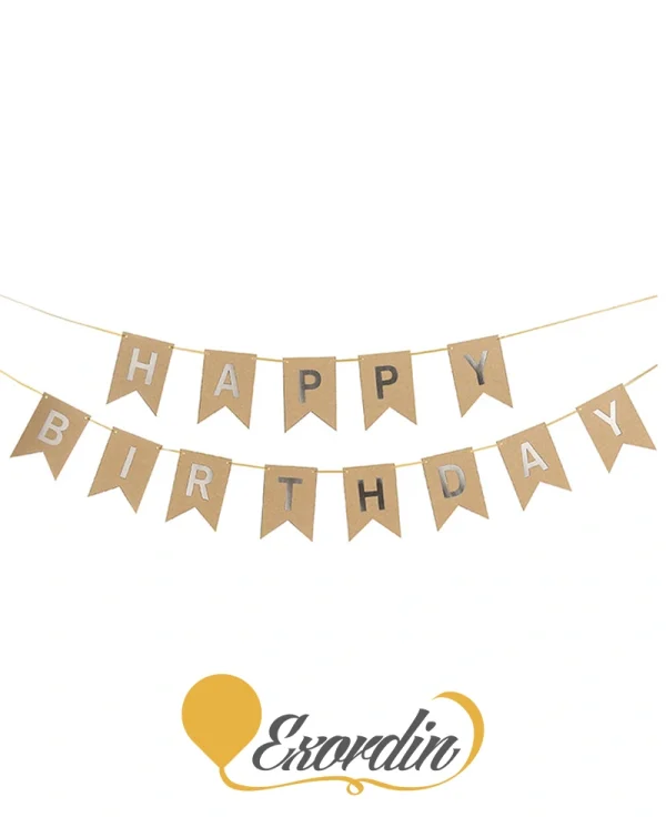 PB009 啡色銀字生日掛旗 Kraft paper Silver HBD Banner
