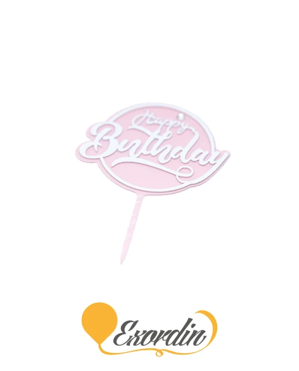 PP065 派對生日蛋糕插牌 白色粉紅色底牌 1 Birthday Caketopper White in Pink tag 1